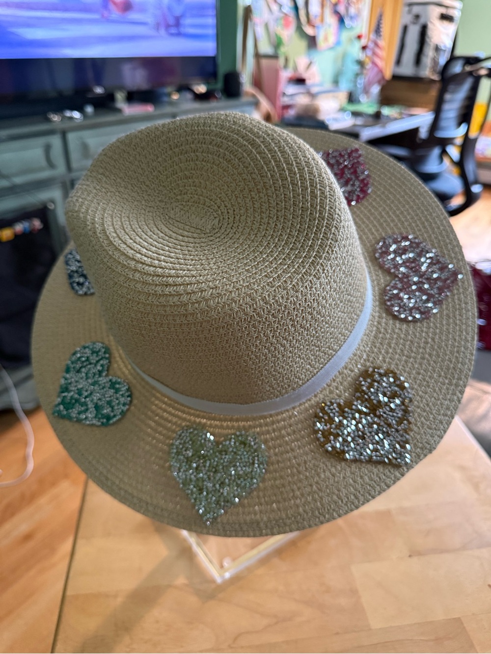 Beige Straw Sun Hat with Sparkle Heart Appliqués, from Bitsandpieces to go